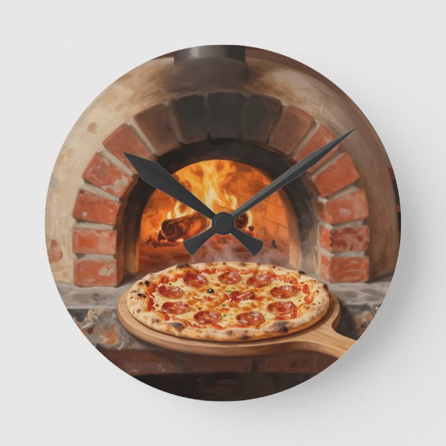 Träeldad Pepperoni Pizza Rustik Italiensk  Rund Klocka (Framsida)