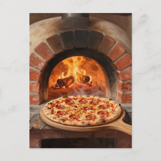 Träeldad Pepperoni Pizza Rustik Italiensk  Vykort (Framsida)