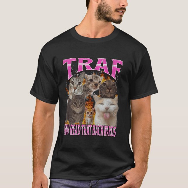 TRAF Läs det baklänges nu Roligt kattmeme Bootle T Shirt (Framsida)