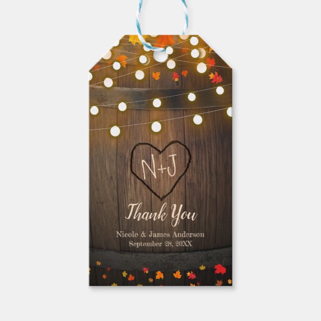 Träfat Höst löv och Ljus Rustic Bröllop Presentetikett (Framsidan)