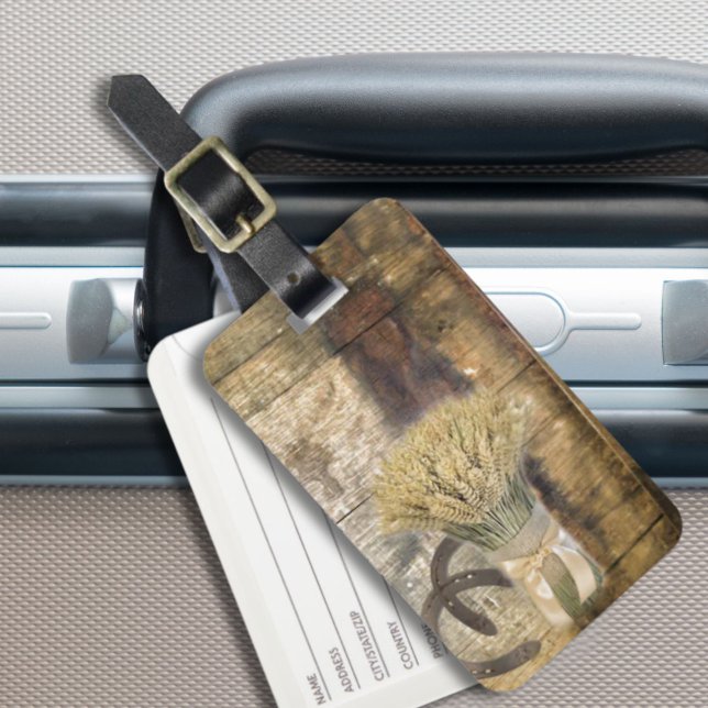 Träfat westerna land-hästskon bagagebricka (Wooden Barrel western country horseshoe wheat Luggage Tag)