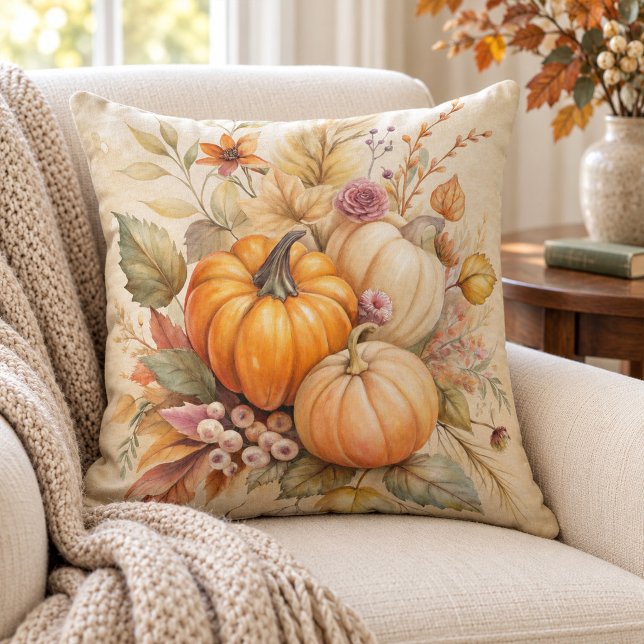 Träffande höstpumpafåll och bär kastkudde kudde (Cozy Fall Pumpkins and Berries Throw Pillow)