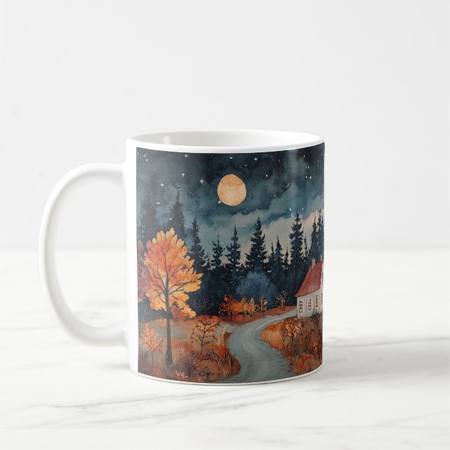 Träffande höststuga Höstnatt Akvarell konst Kaffemugg (Vänster)