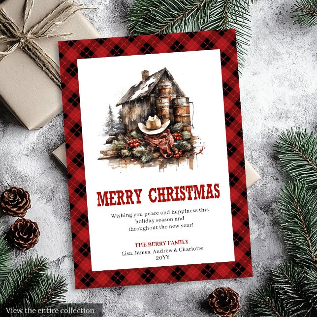 Träffande västerländsk julhälsning med buffelmönst julkort (Cozy Western Buffalo Plaid Holiday Greeting)