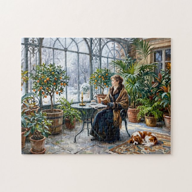 Träffande vinterorangeri med Cavalier Spaniel Pussel (Horisontell)