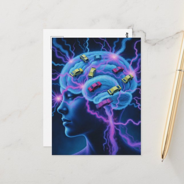 Traffic Jam in The Brain Surreal Vykort (Fram/Back In Situ)