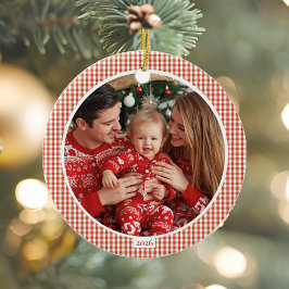 Träffsäker Gingham-julgranskula med foto Julgransprydnad Keramik