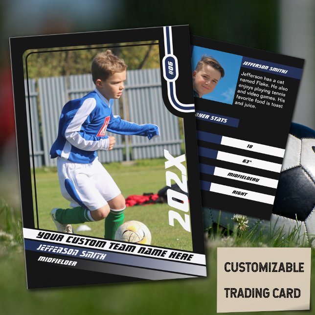Trafikkort för fotbollsspelare i svart blått (Soccer Player Trading Card in Black with Custom Team Name and Blue White Elements)