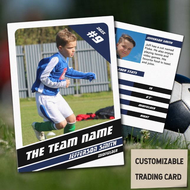 Trafikkort för fotbollsspelare i Vigora Blue White (Soccer Player Trading Card in White with Custom Team Name and Blue Black Elements)