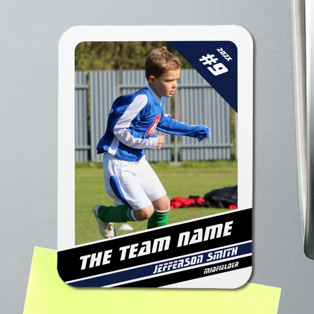 Trafikkort för fotbollsspelare i Vigora Blue White Magnet (Soccer Player Magnet in White with Custom Team Name and Blue Black Elements)