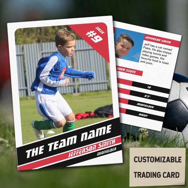 Trafikkort för fotbollsspelare i Vigora Red White (Soccer Player Trading Card in White with Custom Team Name and Red Black Elements)