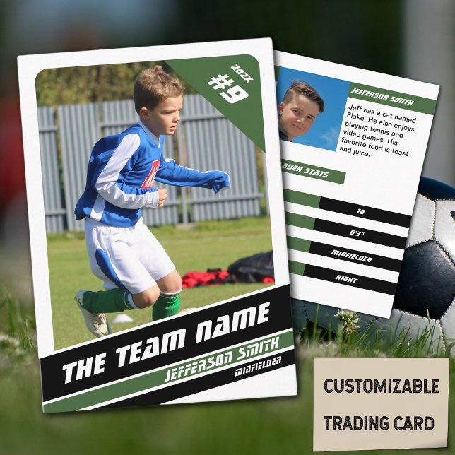 Trafikkort för fotbollsspelare i Vita Gröntar (Soccer Player Trading Card in White with Custom Team Name and Green Black Elements)