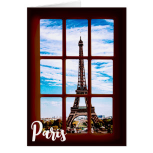 Träfönster med synpunkter på Eiffel torn, Paris Hälsningskort