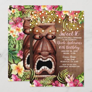 Trähawaiiansk Tiki Luau Sommar Sweet 16-fest Inbjudningar