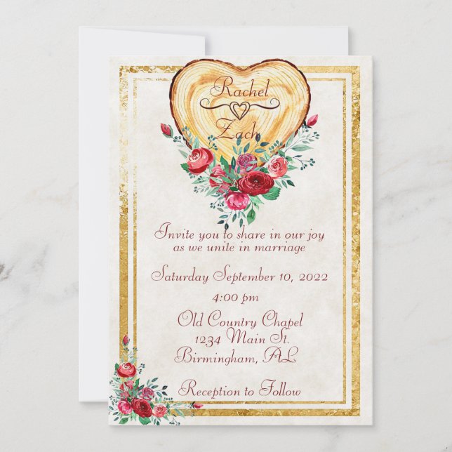 Trähjärta och ro Land Kärlek Bröllop Inbjudningar (Framsida)