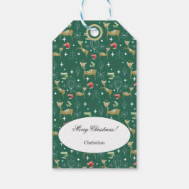 Trähjortar med julgranar och snöflingor presentetikett