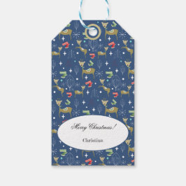 Trähjortar med julgranar och snöflingor presentetikett