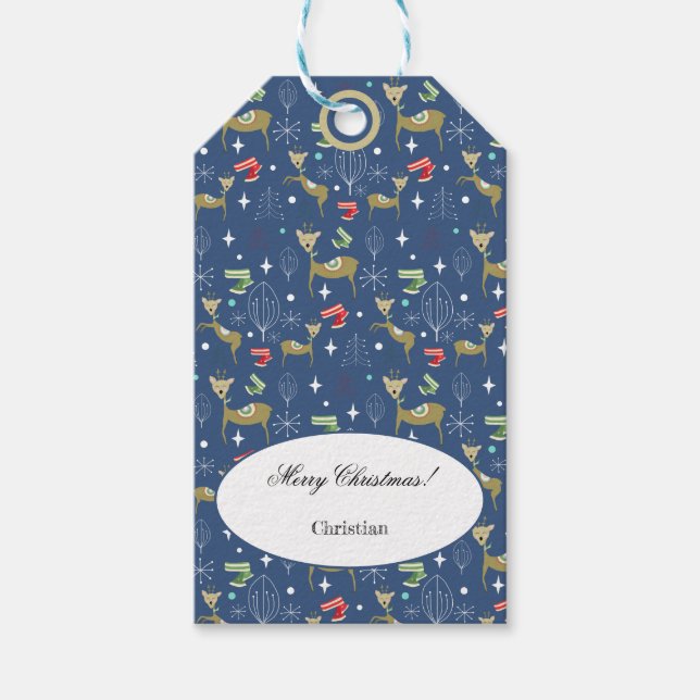 Trähjortar med julgranar och snöflingor presentetikett (Framsidan)