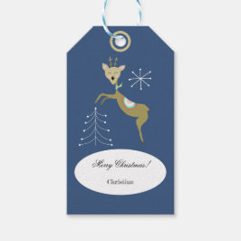 Trähjortar med julgranar och snöflingor presentetikett