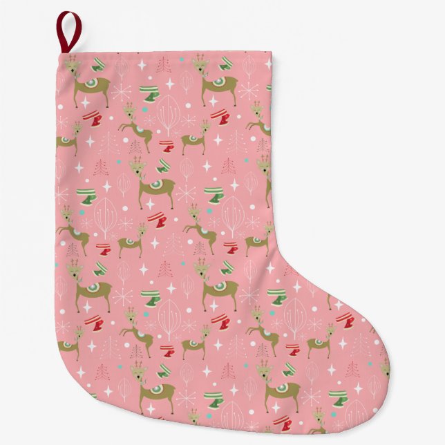 Trähjortar med julgranar och snöflingor stor julstrumpa (Framsidan)