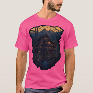 Trähus bland bergen vid solnedgången aktiv t shirt