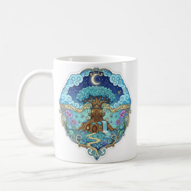 Trähus under månfantasi magisk illustration kaffemugg (Vänster)