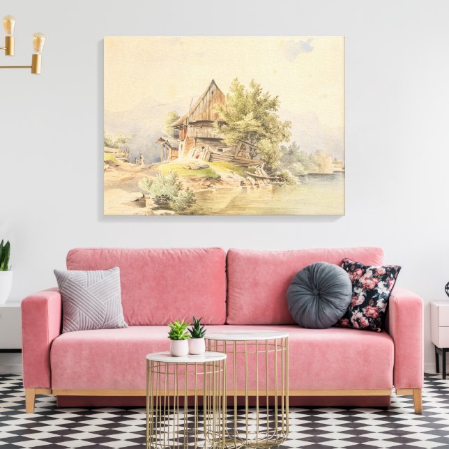 Trähus vid sjön – Carl Lafite Canvastryck (Insitu (Vardagsrum))