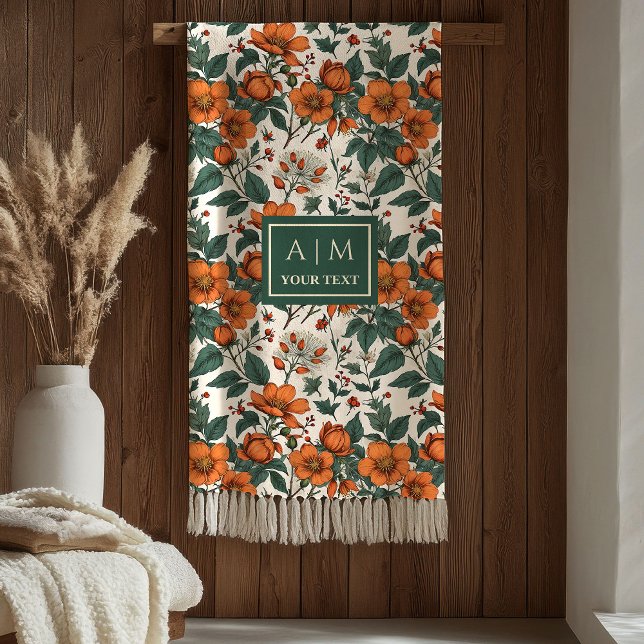 Träiga höstblommor Terrakotta Rustika gröna nyanse Fleecefilt (Snug Autumn Flowers Terracotta Rustic Green Tones Blanket)