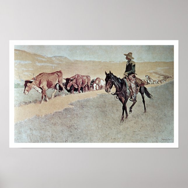 Trailing Texas Longhorns (olja på canvas) Poster (Framsidan)