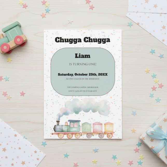 Train Birthday Invitation | Cute 1st Birthday Julkort (Blue watercolor train birthday invitation for boys, perfect for 1st birthday or chugga chugga party.)