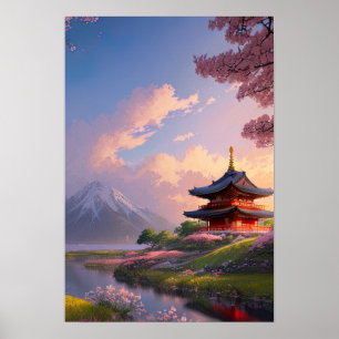 Träjapanskt tempel vid floden poster
