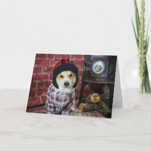Träkamin Corgi Julkort Kort
