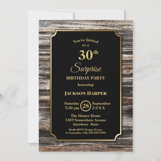 Träkantrand Svart Överraskning 30-årsfest Inbjudningar (Framsida)