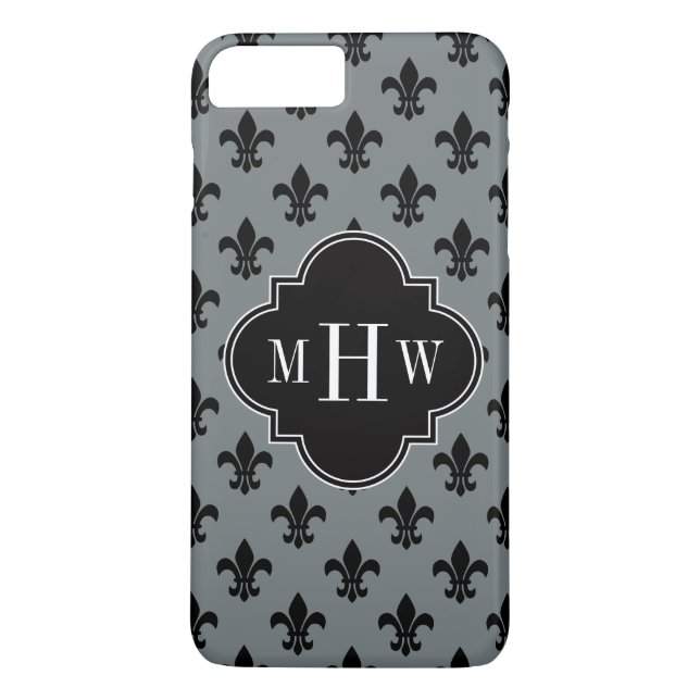 Träkol Blk Fleur de Lis Black 3 Initial Monogram Case-Mate iPhone Skal (Baksida)