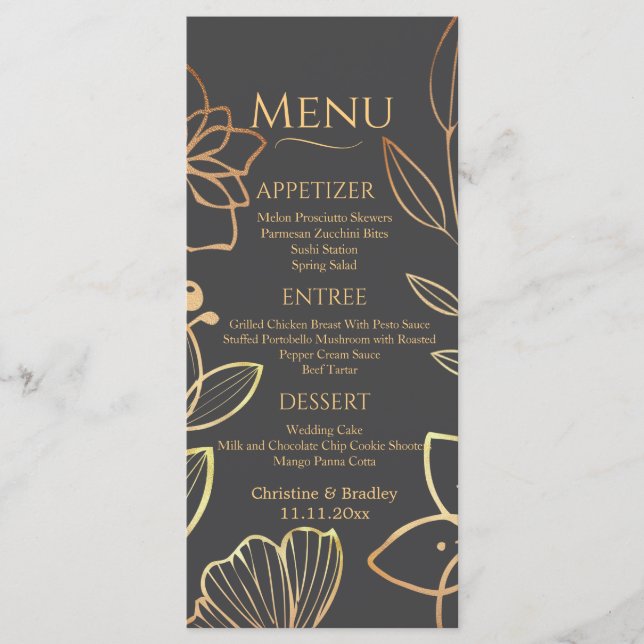 Träkol & Guld Bröllop Menu Meny (Framsida)