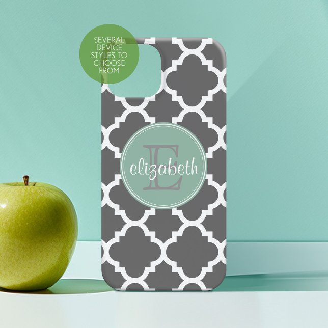 Träkol och Mint Quatrefoil Mönster Monogram (Personalized Phone Case with Custom Monogram)