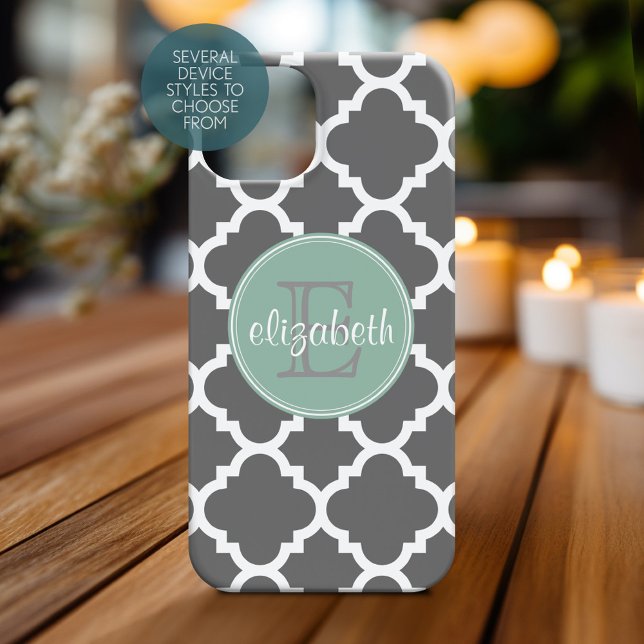 Träkol och Mint Quatrefoil Mönster Monogram (Personalized Phone Case with a Name and Monogram)