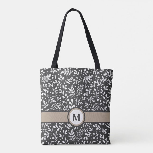 Träkol Rustic Winter Botanical med Monogram Tygkasse (Baksida)