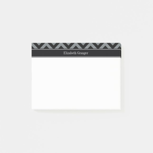 Träkol, svart LG Chevron Black Namn Monogram Post-it Block (Framsida)