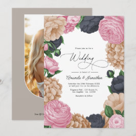 Träkols-, Ljust Beige & Peony Rosa Blommig Bröllop Inbjudningar