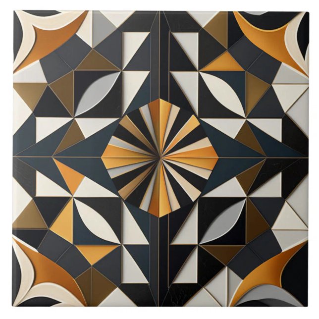 Träkols- och ockragul solstrålning geometrisk kakelplatta (The complete printed tile design. Tiles sold individually.)