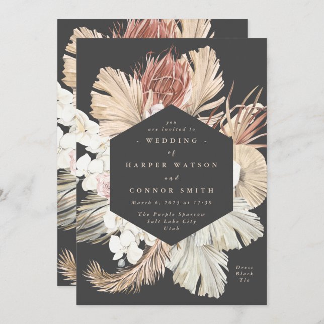 Träkolskam Pampas Grass Torkat Grått Bröllop Inbjudningar (Fram/baksida)