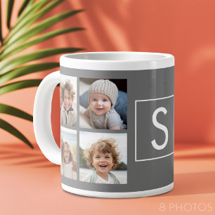Träkolsvit 8 Foto Collage Anpassad Monogram Jumbo Mugg