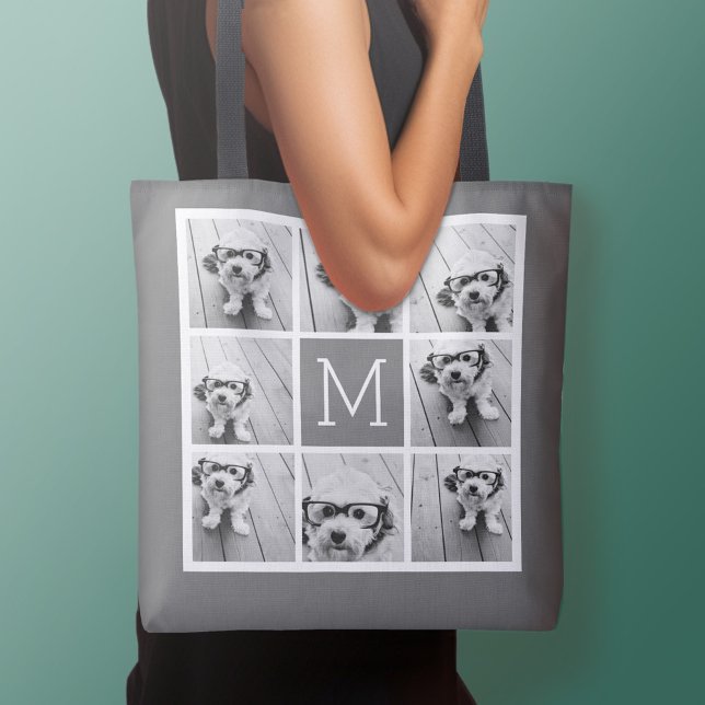 Träkolsvit 8 Foto Collage Anpassad Monogram Tygkasse (Personalized tote bag - add your name or other text)