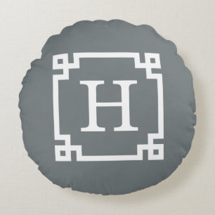 Träkolsvit Grekisk Nyckel Ram #2 Initial Monogramm Rund Kudde