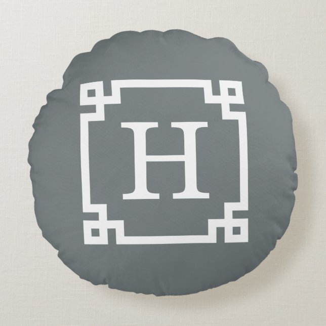 Träkolsvit Grekisk Nyckel Ram #2 Initial Monogramm Rund Kudde (Framsidan)