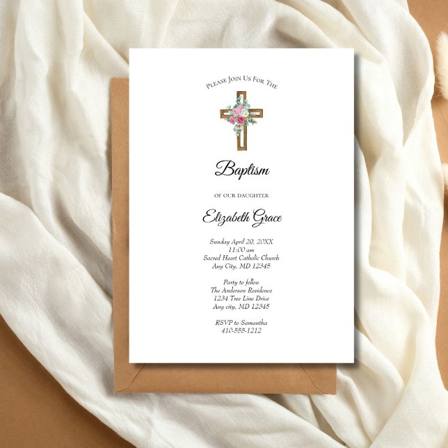 Träkors Blommor Dop Inbjudan (Baptism Wooden Cross Pink Flowers Invitation)