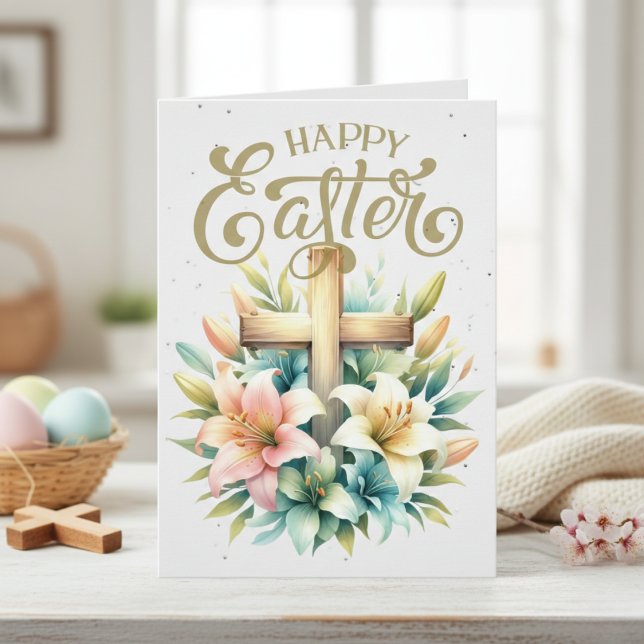 Träkors med liljor Anpassat kristet påskkort Helgkort (Wooden Cross With Lilies Custom Christian Easter Holiday Card)
