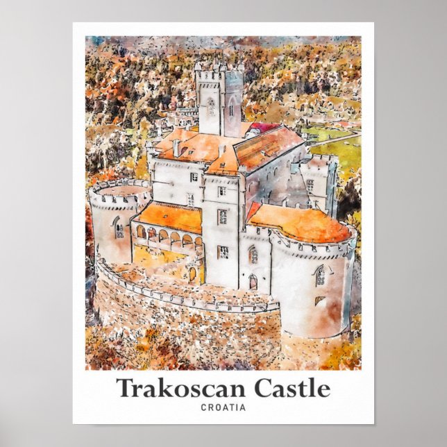 Trakoscan Castle Kroatien Travel Watercolor Poster (Framsidan)