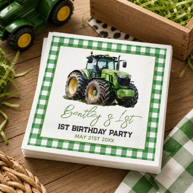 Traktor 1-års födelsedagsfest Rolig Gård Pappersservett (Fun Blue Farm Green Tractor 1st Birthday Party paper napkins

)
